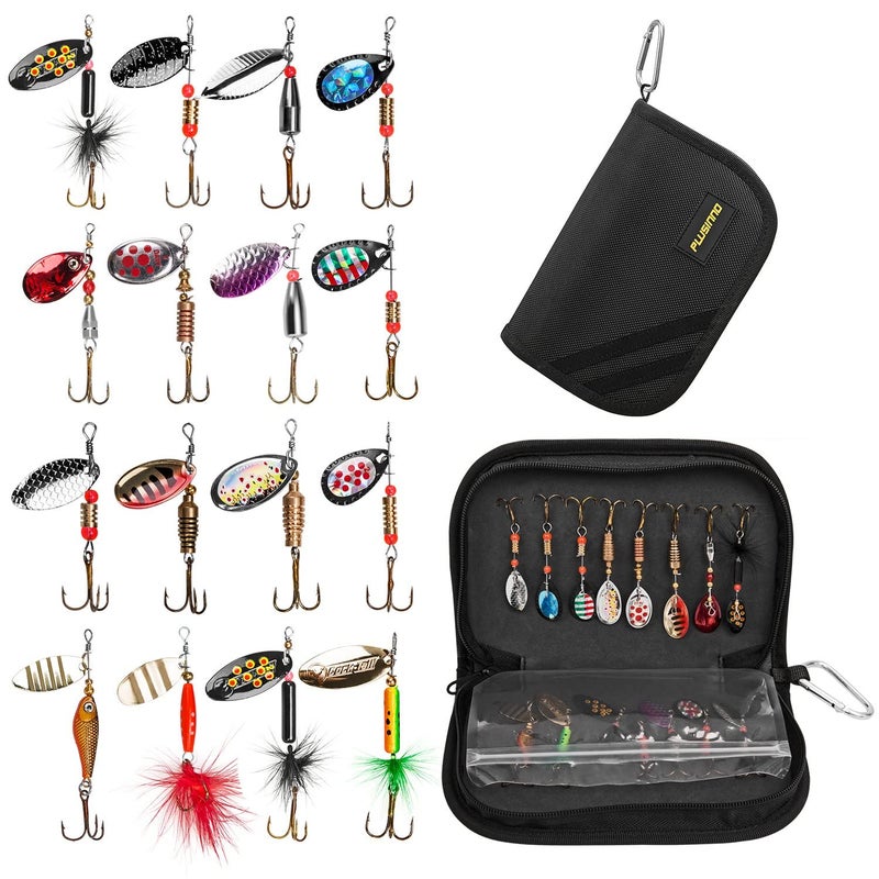 PLUSINNO 16pcs Fishing Lure Spinnerbait Kit with Portable Carry Bag,Bass Trout Salmon Hard Metal Spinner Baitsâ€‚Kit - Image 1